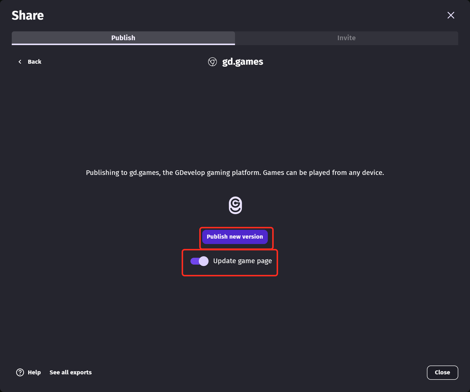 The gd.games export screen, with the Publish new version button