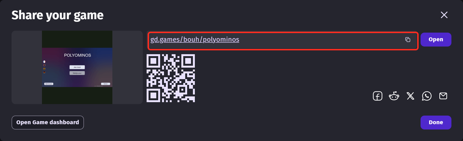 The link to the game, with a QR code and sharing buttons